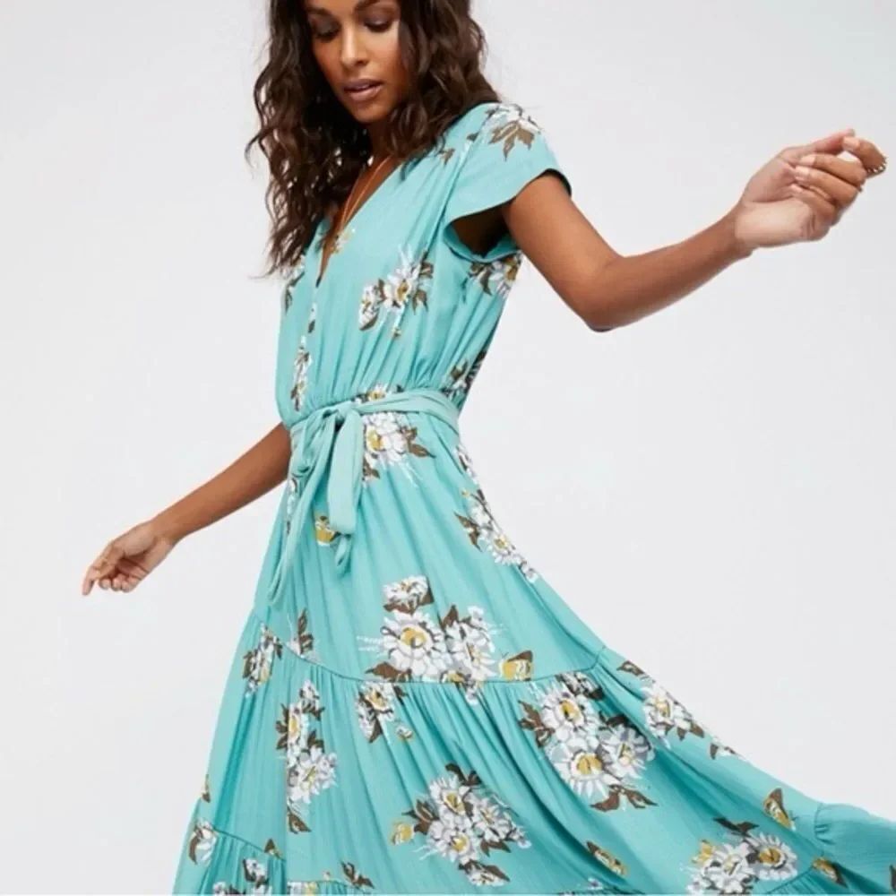 Free People Aqua Floral V‑Neck Tie‑Waist Botanical Combo Maxi Dress